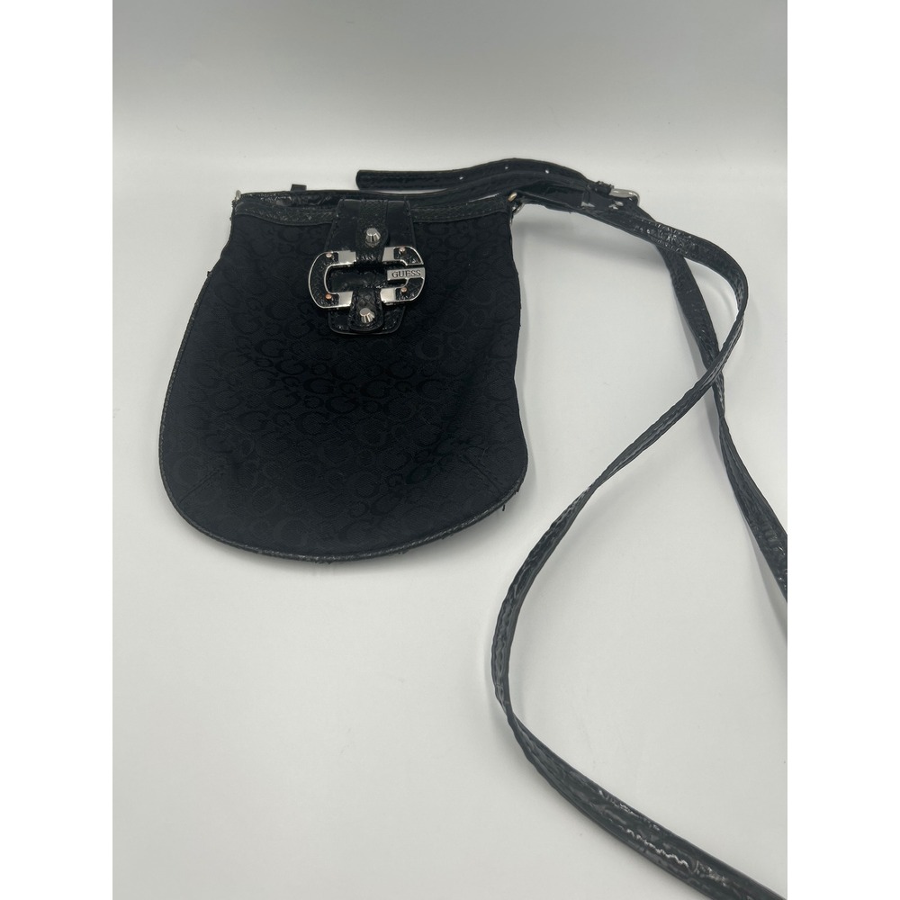 Guess Black Monogram Logo Canvas Crossbody‎ Bag Silver Buckle Y2K Vintage